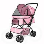 Penzlog Pet Stroller Dog Strollers for Medium Dogs and Cats with Reversible Handle, 360 Rotating Front Puppy Stroller for Small Dogs with Mesh Windows (Pink)