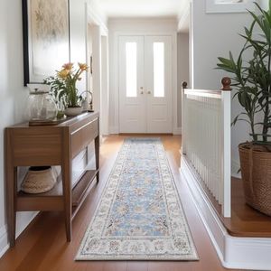 TOPICK Runner Rug 60x240cm Distressed Blue Floral Vintage Rug Kitchen Machine Washable Rug Hallway Entryway Indoor Thin Long Rug Non Slip Carpet Living Room Office Bedroom