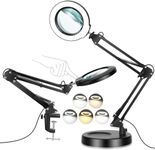 10X Magnifying Glass with Light and Stand, Drdefi 5 Color Modes Stepless Dimmable Desk Lamp with Clamp, 2-in-1 Adjustable Swing Arm LED Lighted Magnifier for Painting Craft Reading Close Works Hobby