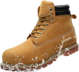 SAFETY LOONG Waterproof Work Boots for Men Full Grain Leather, Soft Toe Comfortable Slip Resistant Construction Boots Wheat 6
