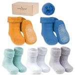 HANA MAMA LONDON 5 Pairs Premium Organic Cotton Baby Winter Thermal Non/Anti Slip Socks for Newborn Toddler, Baby Warm Cozy Thick Terry Cushion Socks with Grips (0-6M) - Gift Box