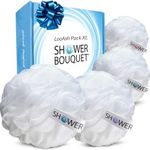 Loofah Soft-White-Cloud Bath-Sponge XL-75g-Set by Shower Bouquet: 4 Pack, Extra Large Mesh Pouf for Men and Women - Exfoliate with Big Gentle Cleanse Scrubber in Beauty Bathing Accessories