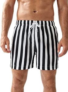 OYOANGLE Men's Striped Swim Trunks Quick Dry Beach Board Shorts Swimwear Black and White S