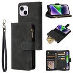 QLTYPRI Case for iPhone 15 Plus 6.7 inch, Large Capacity Leather Wallet Case 6 Card Holder & 1 Zipper Pocket Kickstand Wrist Strap Magnetic Case for iPhone 15 Plus - Black