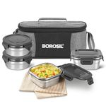 Borosil Feast Stainless Steel Lunch Box with Bag | Set of 4 (400 ml x 2 Square + 400 ml x 2 Round) | Tiffin Box for Office, School & College