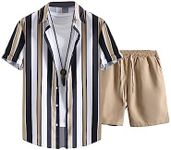 OYOANGLE Men's 2 Piece Outfits Tropical Print Striped Short Sleeve Button Down Hawaiian Shirt and Shorts Sets Black White Khaki XXL