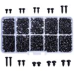 500Pcs Cross Head Self Tapping Screws Black Small Screw Carbon Steel Screws 9 Sizes Multi Use Round Head Self Tapping Screw Assortment Kit Fasteners with Clear Box for Plastic Wood Soft Metal