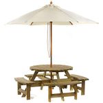 BrackenStyle Picnic Pub Bench 8 Seater Round Wooden Garden Patio Table Thick Timbers With Parasol (Natural)