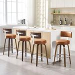 Bekrvio Swivel Bar Height Bar Stools Set of 4, Faux Leather Kitchen Stools Upholstered Barstools with Back, Walnut Wood Legs, Tall Bar Stools for Kitchen Island, 29 inch Seat Height, Brown