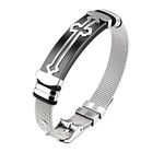 OPK Jewelry Men's Stainless Steel Adjustable Cross Bracelet with Buckle Clasp,Golden/Silvery, 6.69-7.48''