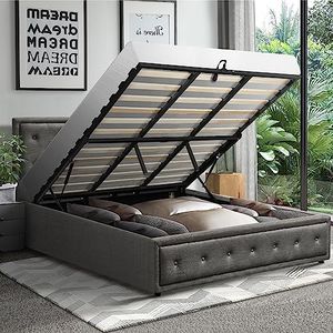Oikiture King Bed Frame with Storage Space Gas Lift Bed Mattress Base Grey