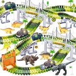 Dinosaur Toys, 195 PCS Create A Dinosaur World Road Roll Up Race Track, Flexible Track Playset, 2 Electric Cars with Lights and 8 Dinosaur for 3 4 5 6 7 8 Year Old Boys Girls Birthday Party Favor Gift