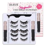 CALAILIS Magnetic False Eyelash and Magnetic Eyeliner Kit, Eye Makeup Waterproof Liquid Eye Liner, 3D Faux Mink Eye Lashes Natural Reusable Lashes 5 Pairs, Free Applicator(CY06) Black