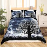 Manfei Fashion Moon Duvet Cover Set Queen Size Abstract Tree Artwork Bedding Set 3pcs for Kids Boys Teens, Night Starry Sky Comforter Cover Natural Landscape Quilt Cover with 2 Pillowcases