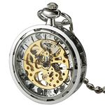 SIBOSUN Steampunk Transparent Open Face Pocket Watch for Men Women Silver Skeleton Dial with Chain + Box