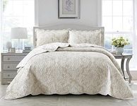 Prime Linens Luxury 3 Piece Quilted Printed Bedspread Set Throw Bedding Set Includes Soft Bed Throw Comforter with 2 Pillow Shams Embroidered Machine Wash (Damask Beige, Super King)