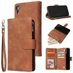 UEEBAI Wallet Case for iPhone XR, Premium Vintage PU Leather Magnetic Closure Handbag Zipper Pocket Case Kickstand Card Holder Slots with Wrist Strap TPU Shockproof Flip Cover for iPhone XR - Brown