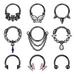 Kakonia 9Pcs 16G Dangle Septum Rings for Women 316L Stainlees Steel Septum Jewellery Biling CZ/Bat/Butterfly Dangle Septum Piercing Tragus Helix Earrings Daith Piercing Jewellery 10MM