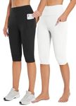 BALEAF Women's Capri Leggings Knee Length High Waisted Plus Size Yoga Casual Workout Exercise Capris with Pockets 2-Pack Black/White M