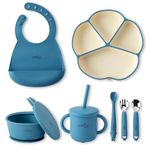 Cubkins Silicone Essential Feeding Set for Babies, Toddlers, Kids | BPA-Free & Microwave Safe | Plate & Bowl w Suction, Sippy Cup w Straw & Lid, Spoon, Fork, Early Feeding Spoon & Bib (Blue Olive)