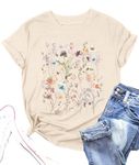 DUTUT Women Boho Flower T Shirt Vintage Floral Graphic Shirt Botanical Tee Wildflowers Shirts Garden Lover Top Apricot