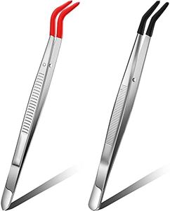 Honoson 2 Pieces Tweezers curved Bent Tip Tweezers with Rubber silicone Tips PVC Coated Non Marring Soft Long Rubber Tips Tweezers Stainless Steel Hobby Jewelry Crafts Tools (Red, Black)