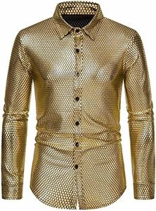 MakingDa Chemise à manches longues boutonnée pour homme - Imprimé losange bronzant - Style disco années 70, doré, XL