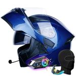 Bluetooth Modular Motorbike Helmet, Flip-Up Full Face Helmet with Dual Visors, Built-in Speakers, ECE Approved, for Adult Riders (Blue, L 59~60CM)