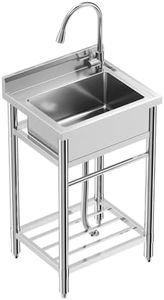 Free Standing Commercial Restaurant Kitchen Sink, Stainless Steel Sink with Hot & Cold Hoses, NSF Certificated, Utility Sink with Storage Shelve & Faucet for Laundry Room, Backyard, Garage (24 Inch)