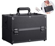 Professional 14.2 inches Large Makeup Train Case-4 Trays Cosmetic Cases,Large Makeup Storage Organizer Box with Lock and Compartments, Black,36x22x25cm