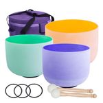 ENERGYSOUN 432 Hz Colored Frosted 11D" 9" F 7" B Chakra Quartz Crystal Singing Bowl Set + canvas bag Mallets & O-Rings included