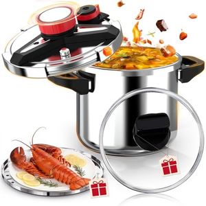 18/8 Stainless Steel Pressure Cooker 10 Quart, [One-Hand Locking] Olla de Presion, [3-In-1] Pressure Cooker, Induction Compatible, Gas Stovetop Compatible,Includes Glass Lid & Steamer Rack-N2