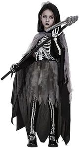 Ulikey Costume da Tristo Mietitore Ragazza, Grim Reaper Costume, Abito da Mantello di Halloween con Vestito, Mantello con Cappuccio, Guanti e Collant Stampati, Catena in Vita e Falce (X-Large)
