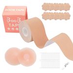 ONEINHE Boob Tape for Breast Lift A-G Cup, with 1 Breast Tape 5m, 5 Pairs Satin Breast Petals, 1 Pair Silicone Nipple Stickers, 36 Pcs Double Side Clothing Tape Beige, Beige, 5m