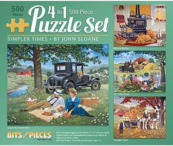 Bits and Pieces – Simpler Times 4-in-1 Multi-Pack Jigsaw Puzzle Set for Adults – Classic Country Scenes by Artist John Sloane – Random Die-Cut Pieces (Four 500 Piece Puzzles)