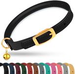 OOPSDOGGY Rolled Leather Cat Collar with Bell - Reflective Kitten Collar with Safety Elastic Strap - Adjustable Small Pet Collars for Boy Girl Cats (Black)