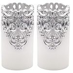 Eldnacele Hollow Vintage Silver Flickering Flameless Candles with 5H Timer, Battery Operated Real Wax Pillar Candle for Wedding Party Home Christmas Decoration, Set of 2