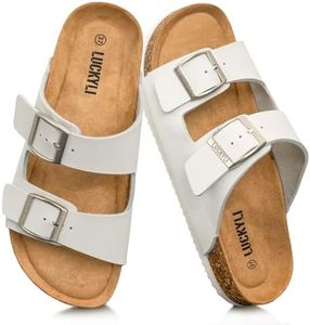 LUCKYLI Kids Sandals for Boys Girls Cork Footbed Slide Sandals with Adjustable Straps Non-slip Summer Slippers for Indoor Outdoor (Little/Big Kids) (7 Big Kid, White)