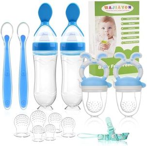WAJIAYON Baby Fruit Feeder Pacifier - 6 Pack | 2 Baby Fruit Food Feeder Pacifier & 2 Baby Food Dispensing Spoon | Fresh Fruit Teethers for Babies | Silicone Feeder Baby,Mesh Baby Feeder (Blue-Rabbit)