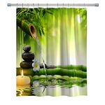 Ambesonne Spa Themed Shower Curtain, Calming Atmosphere of The Streaming Water from a Branch with Stones Plumeria, Cloth Fabric Bathroom Decor Set with Hooks, 69" W x 70" L, Green Yellow