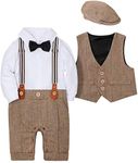 WESIDOM Baby Boy Suit Outfits Set 3pcs,Infant Tuxedo Long Sleeve Gentleman Wedding Jumpsuit & Vest Coat & Beret Hat, Brown, 9-12 Months