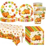 69pcs Thanksgiving Tableware Harvest Fall Theme Party Supplies,Thanksgiving Table Decorations Paper Plates,Cups,Napkins,Table Cloth,Pumpkin Maple Leaf Dinnerware Set for Thanksgiving Fall Party