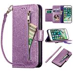 EYZUTAK Wallet Case for iPhone SE(5G) 2022 iPhone 7 iPhone 8 iPhone SE 2020, 5 Card Slots Glitter Bling PU Leather Magnetic Closure Kickstand Zipper Purse Pocket Handbag with Wrist Strap - Purple#1