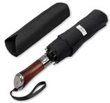Balios (Designed in UK) Travel Folding Umbrella Lux Hardwood Handle Auto Open & Close Windproof Single Canopy (JET BLACK)