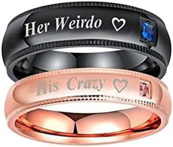 Daesar Alliance Fiançailles, Bague Acier Inoxydable Personnalisable His Crazy Her Weirdo Coeur Rose Bleu Zircone Cubique Anneau Noir Or Rose Femme Taille 56.5 & Homme Taille 66.5