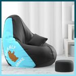 ComfyBean Faux Leather Bag with Beans Filled 4XL Bean Bag with Free Cushion and Footrest - Official : Printmarvel Combo (Matching Color : Printed, Bearly Awake - Lt. Blue & Black)
