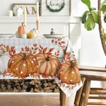 Artoid Mode Buffalo Plaid Orange Pumpkins Eucalyptus Autumn Table Cloth, Rectangular 140x180 cm Fall Table Cover For Party Home Table Decorations