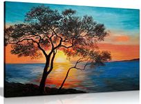 Tree Near The Lake At Sunset Oil Painting Canvas Wall Art Picture Print (36x24in)