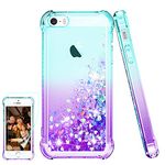 Pilaru Compatible with iPhone 5 / 5S/ SE 2016 (1rd Gen) Case, [with Screen Protector] Clear Liquid Heart Glitter Soft TPU Bumper Cover Transparent Girly Protective Phone Case for iPhone 5,Teal/Purple