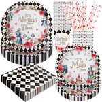 Alice in Wonderland Birthday Party Decorations, 120Pcs Tea Themed Party Supplies Tableware Includes Paper Plates, Napkins, Cups and Straws, Serves 24